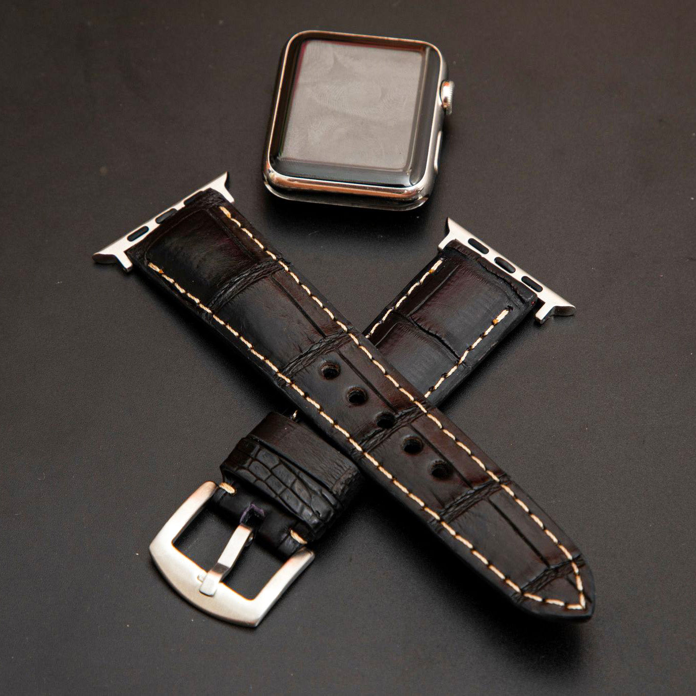 BLACK CROCODILE BELLY LEATHER STRAP