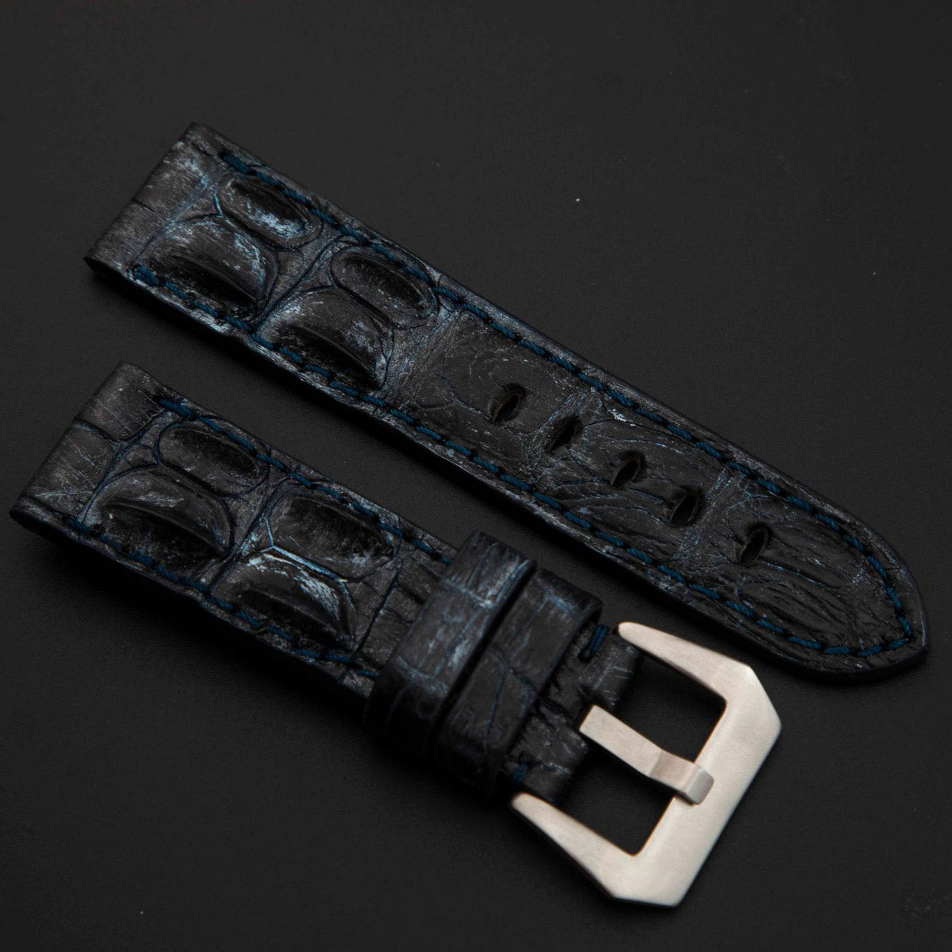 BLUE&SILVER CROCODILE HORNBACK LEATHER STRAP