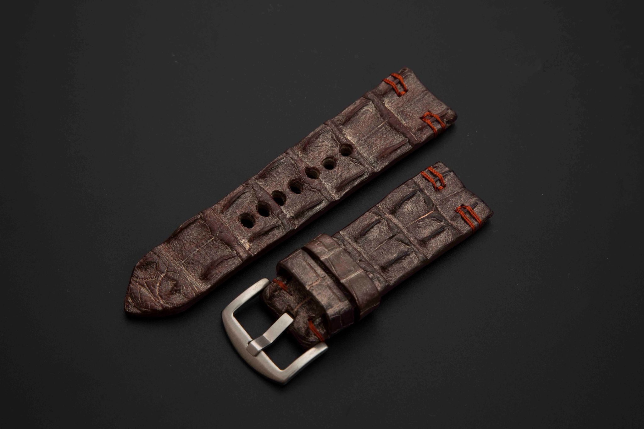 BROWN&SILVER CROCODILE HORNBACK LEATHER STRAP
