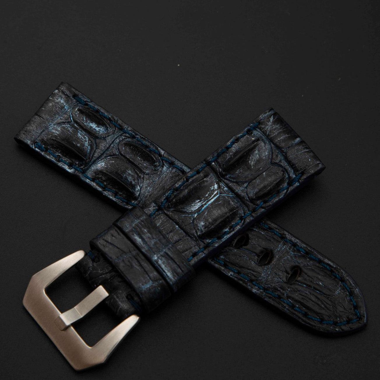 BLUE&SILVER CROCODILE HORNBACK LEATHER STRAP
