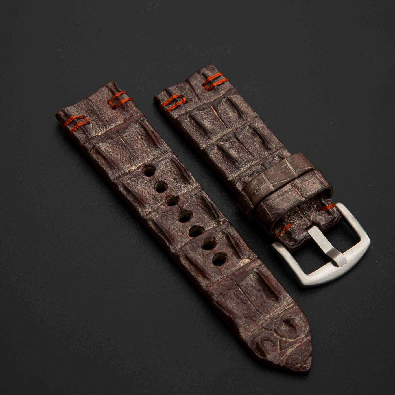 BROWN&SILVER CROCODILE HORNBACK LEATHER STRAP