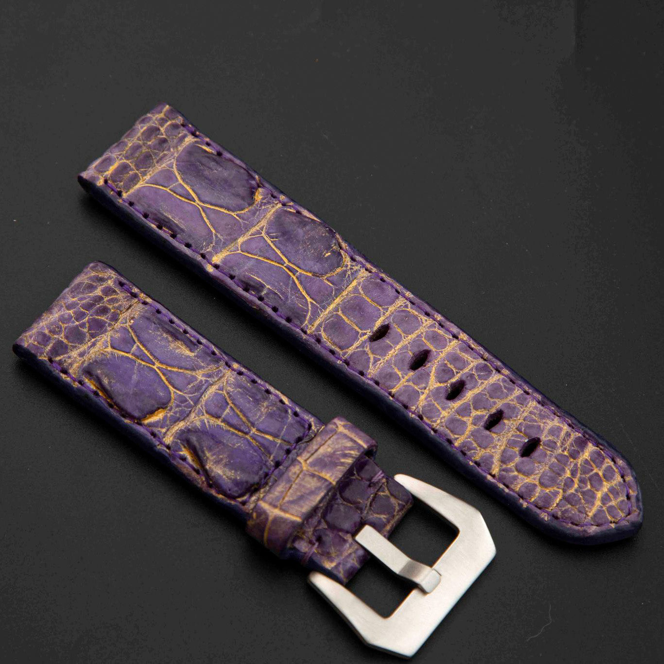 PURPLE&BLACK CROCODILE HORNBACK LEATHER STRAP