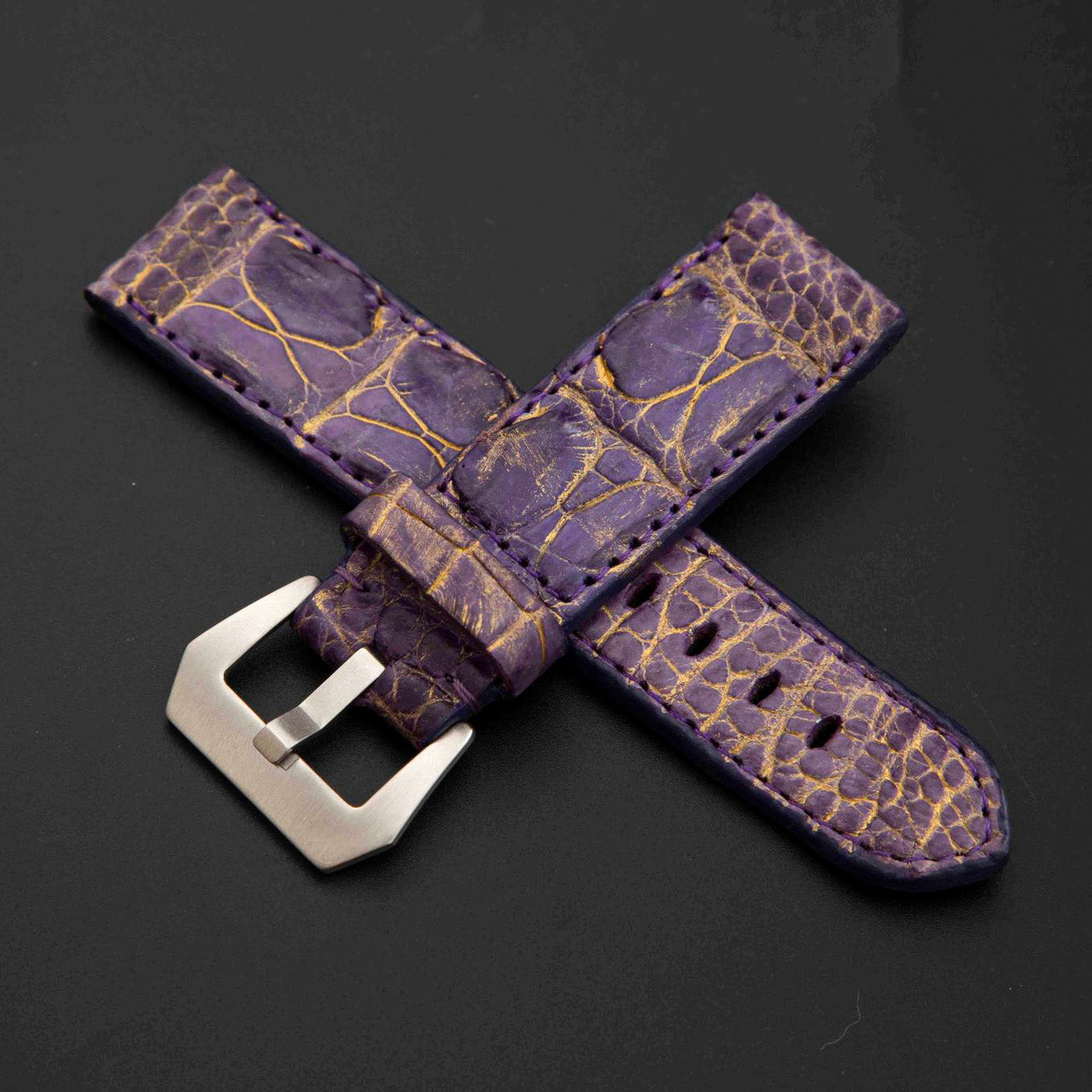 PURPLE&BLACK CROCODILE HORNBACK LEATHER STRAP
