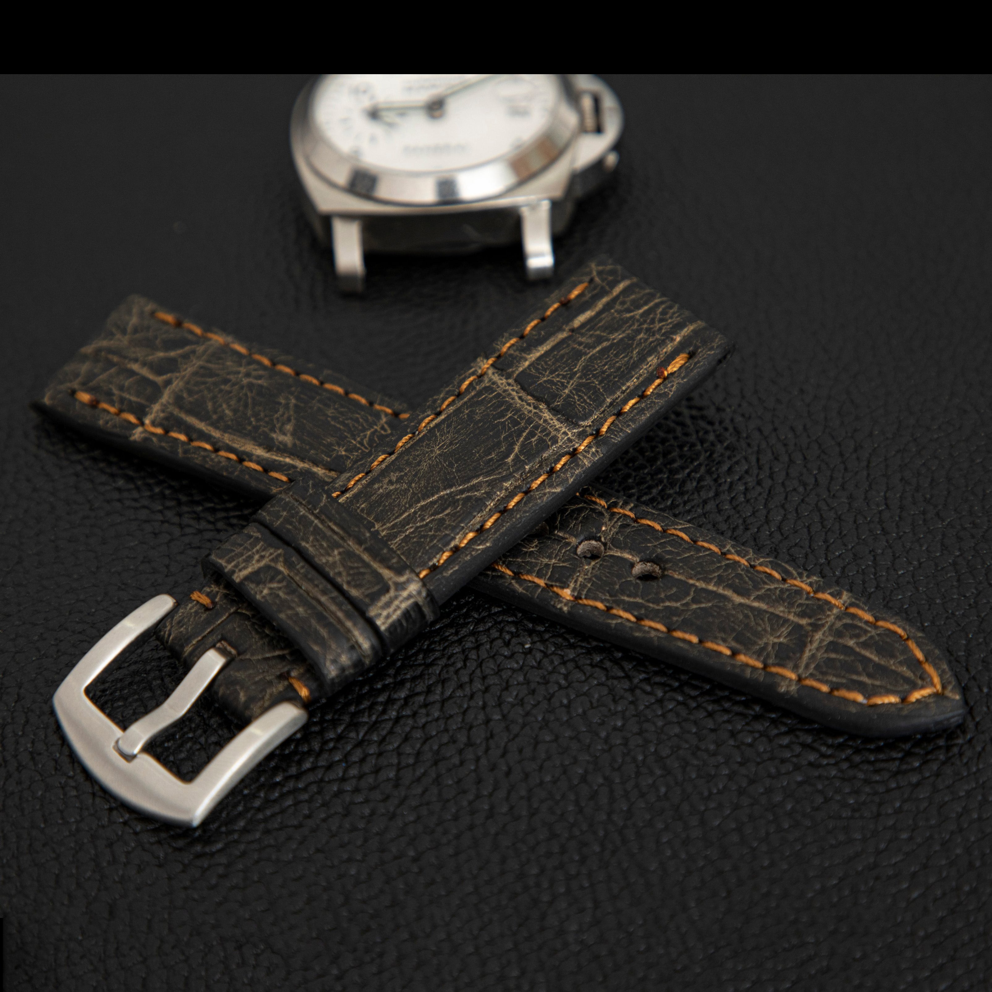 BLACK&GOLD CROCODILE BELLY LEATHER STRAP