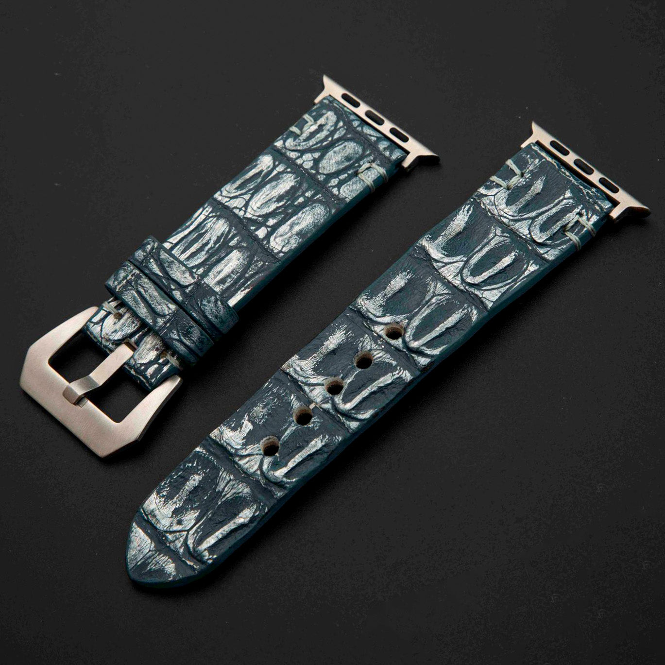 BLUE&SILVER CROCODILE HORNBACK LEATHER STRAP