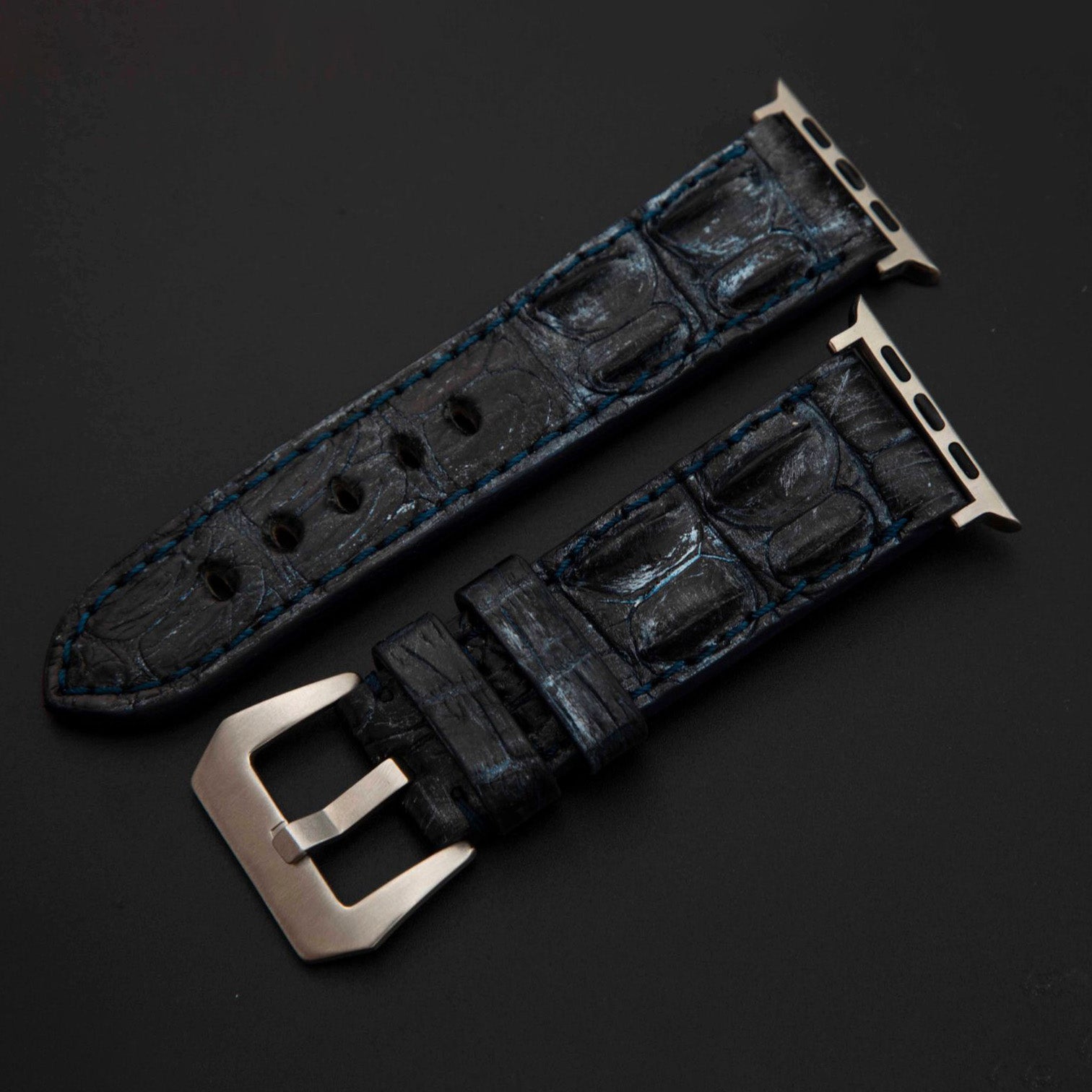 BLUE&SILVER CROCODILE HORNBACK LEATHER STRAP