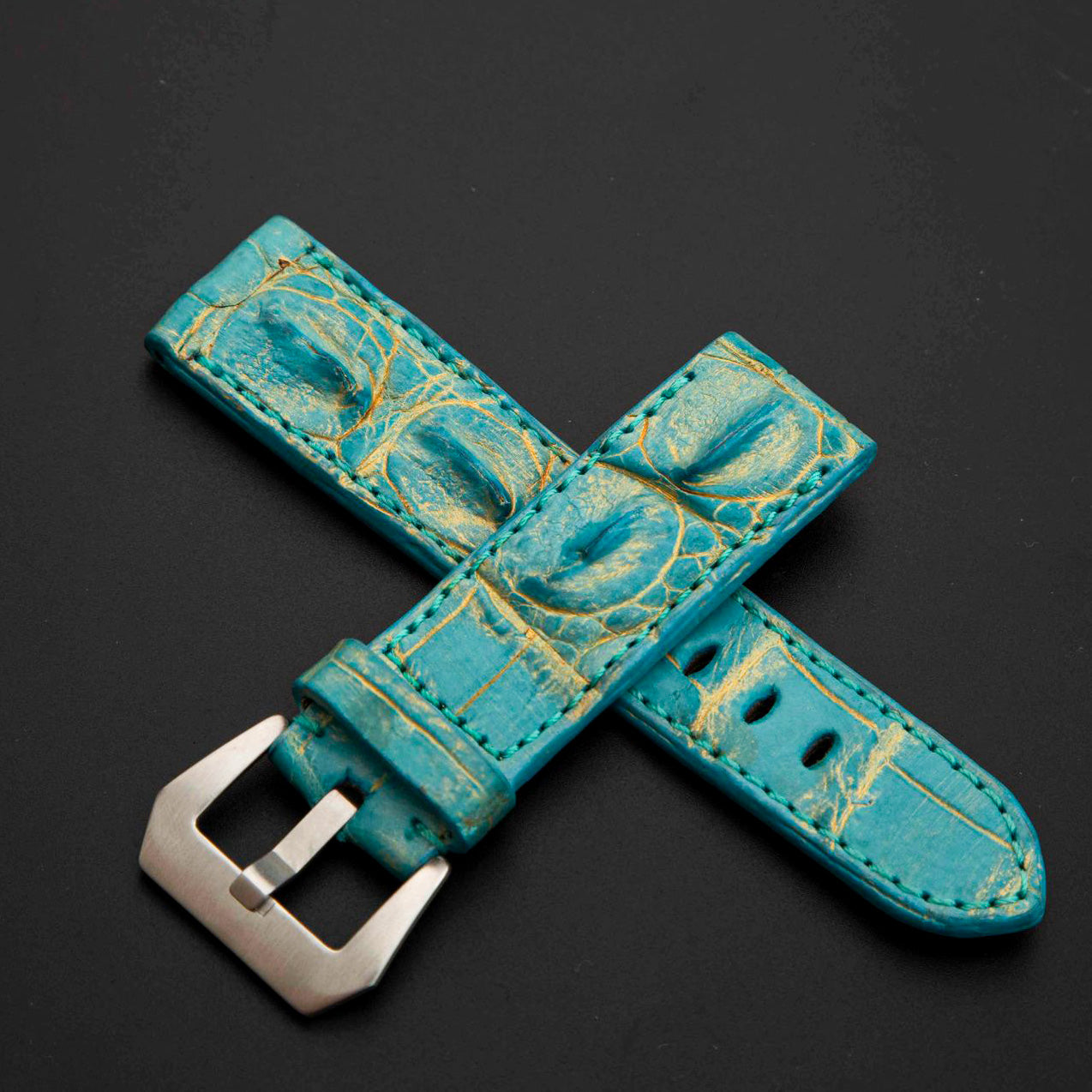BLUE&GOLD CROCODILE HORNBACK LEATHER STRAP