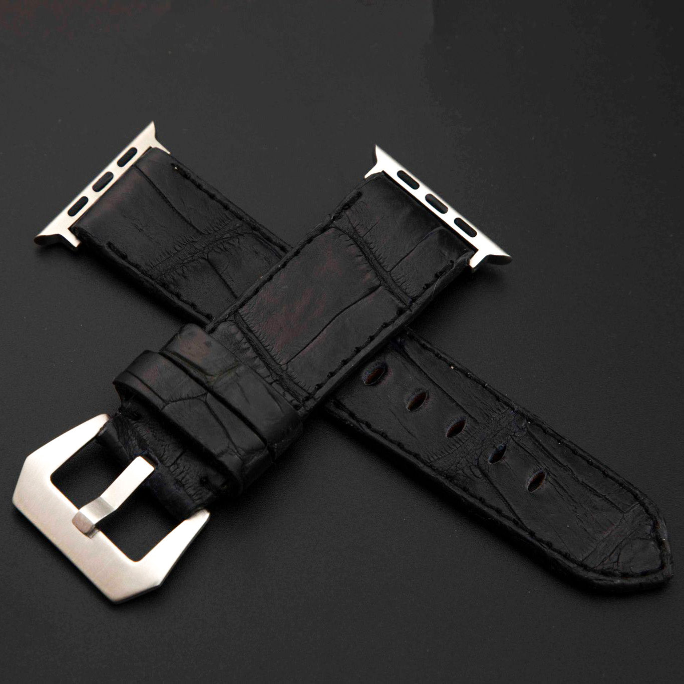 BLACK CROCODILE BELLY LEATHER STRAP