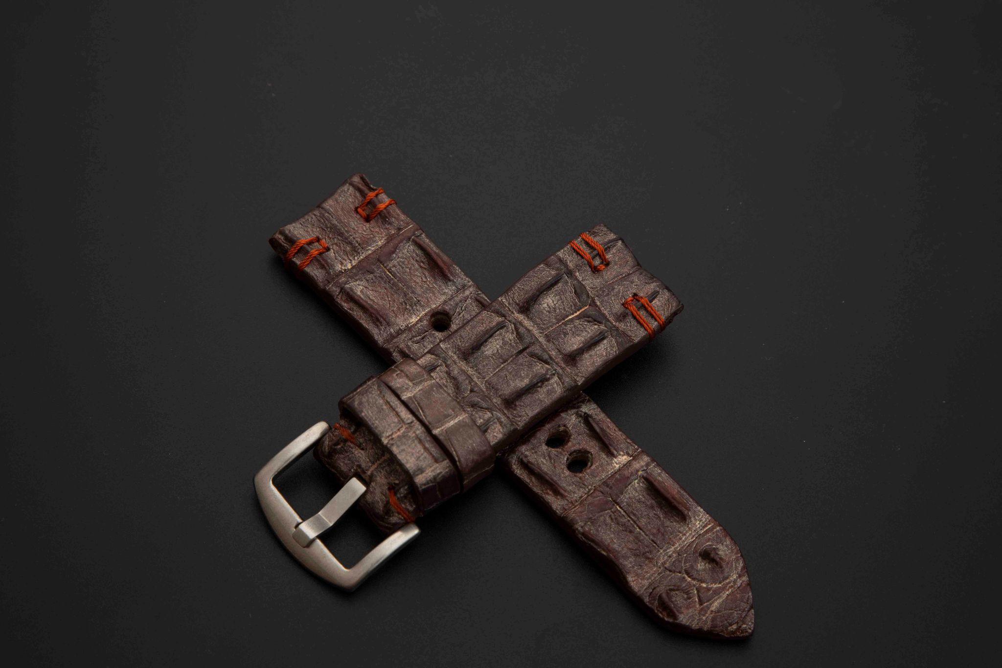 BROWN&SILVER CROCODILE HORNBACK LEATHER STRAP