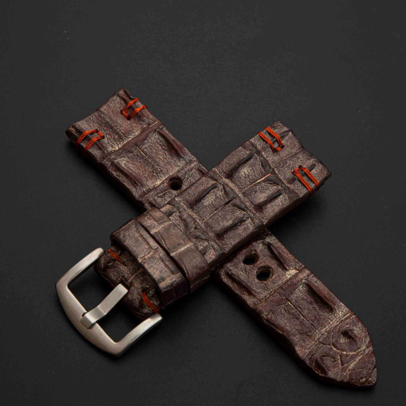 BROWN&SILVER CROCODILE HORNBACK LEATHER STRAP