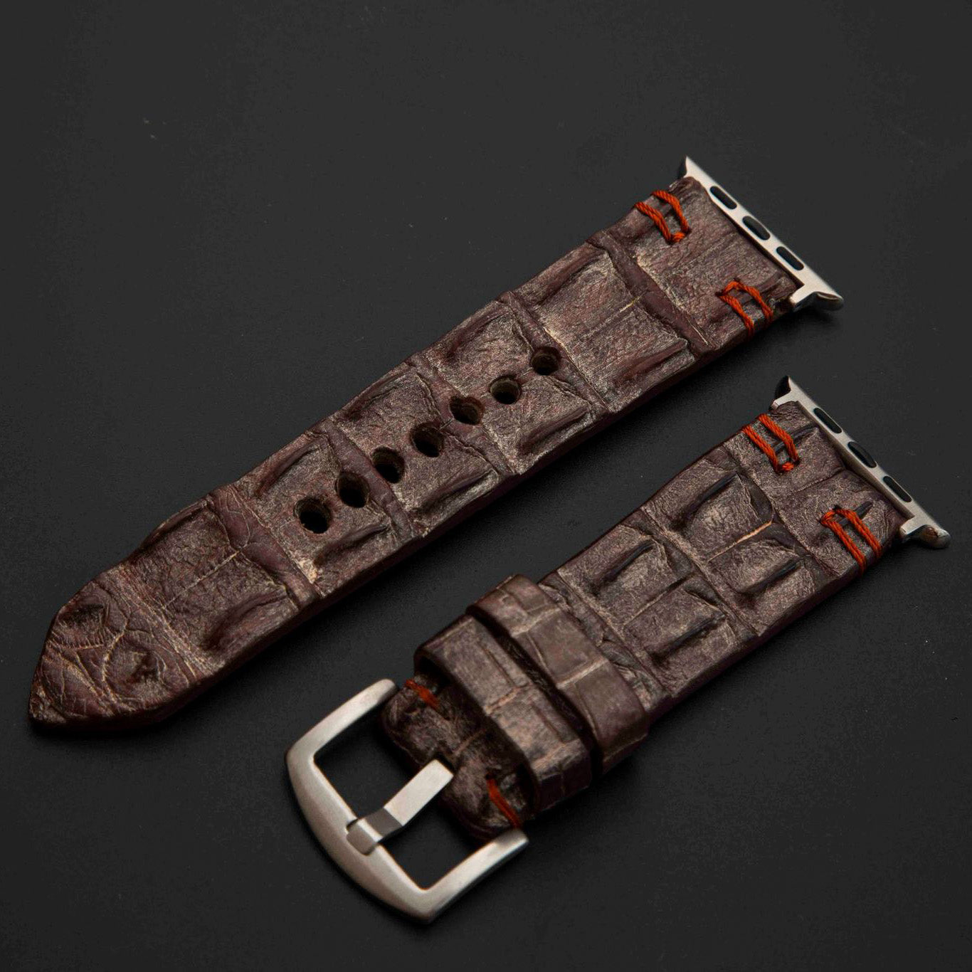 BROWN&SILVER CROCODILE HORNBACK LEATHER STRAP