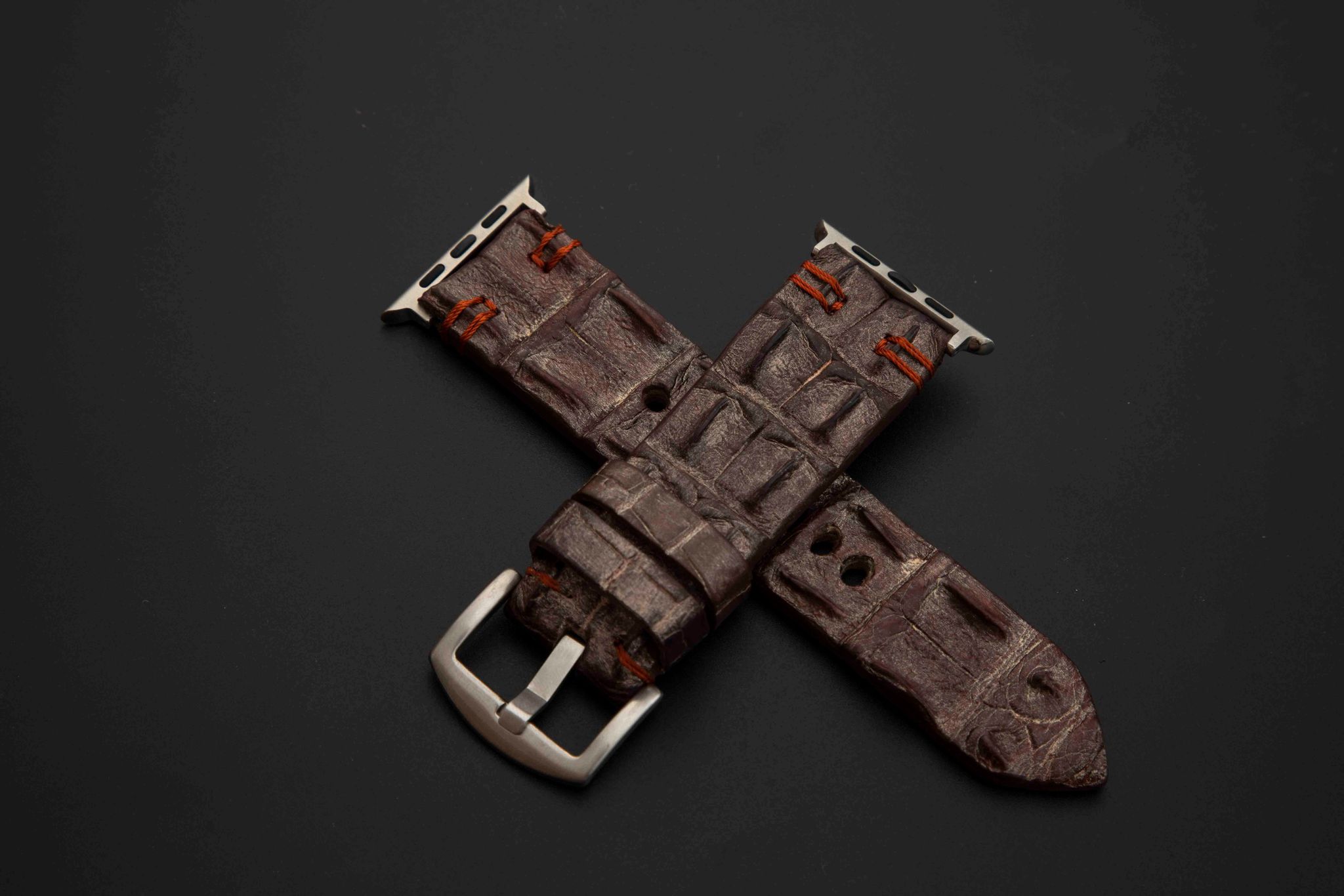 BROWN&SILVER CROCODILE HORNBACK LEATHER STRAP