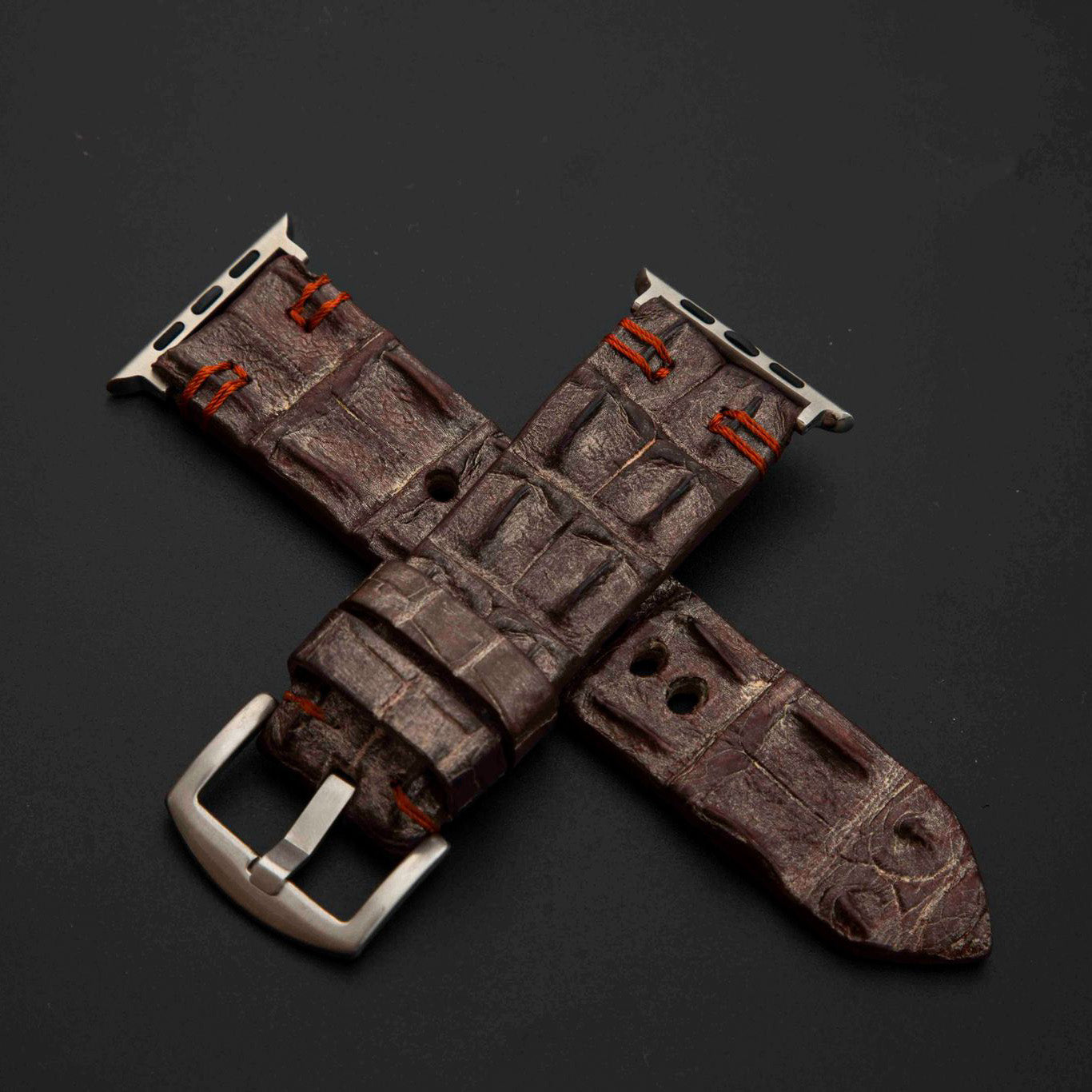 BROWN&SILVER CROCODILE HORNBACK LEATHER STRAP