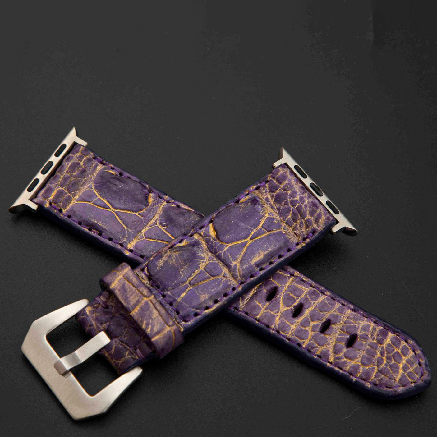 PURPLE&GOLD CROCODILE HORNBACK LEATHER STRAP