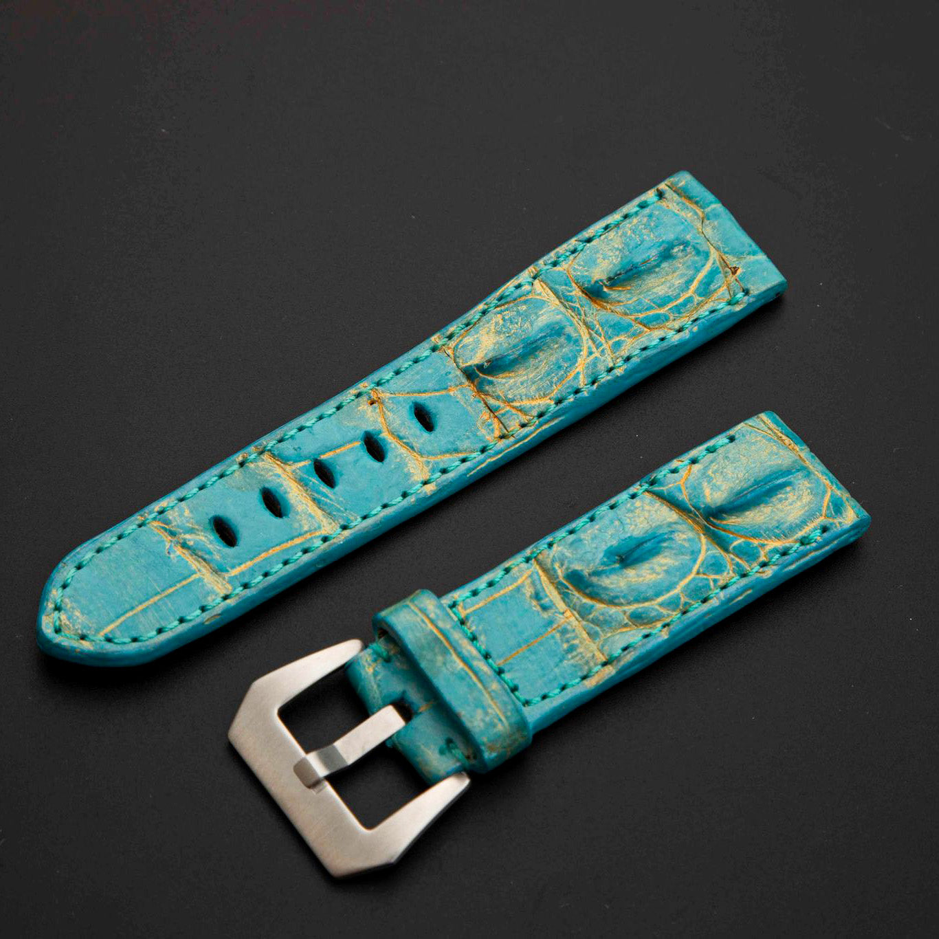 BLUE&GOLD CROCODILE HORNBACK LEATHER STRAP