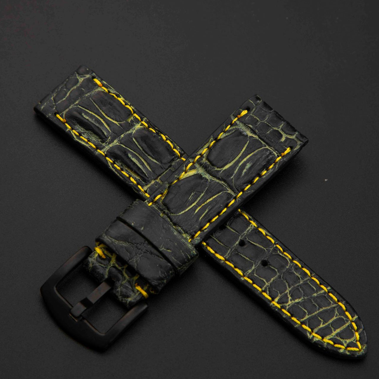 BLACK&GOLD CROCODILE HORNBACK LEATHER STRAP
