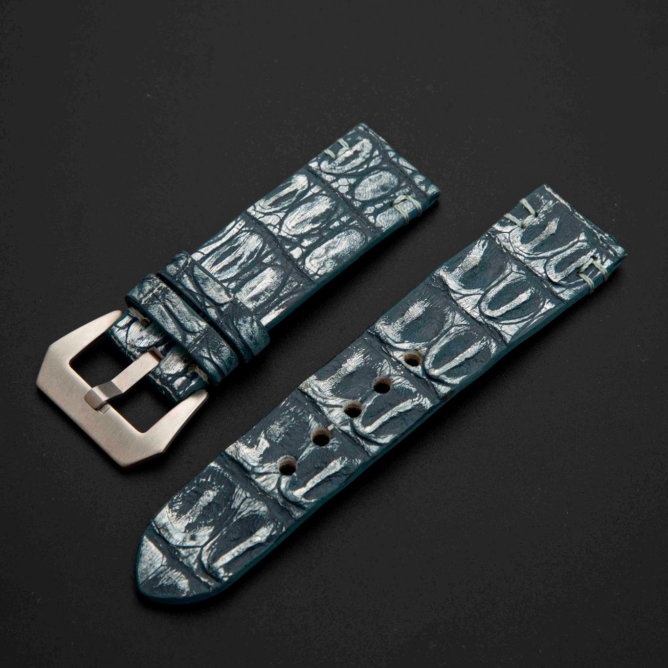 BLUE&SILVER CROCODILE HORNBACK LEATHER STRAP