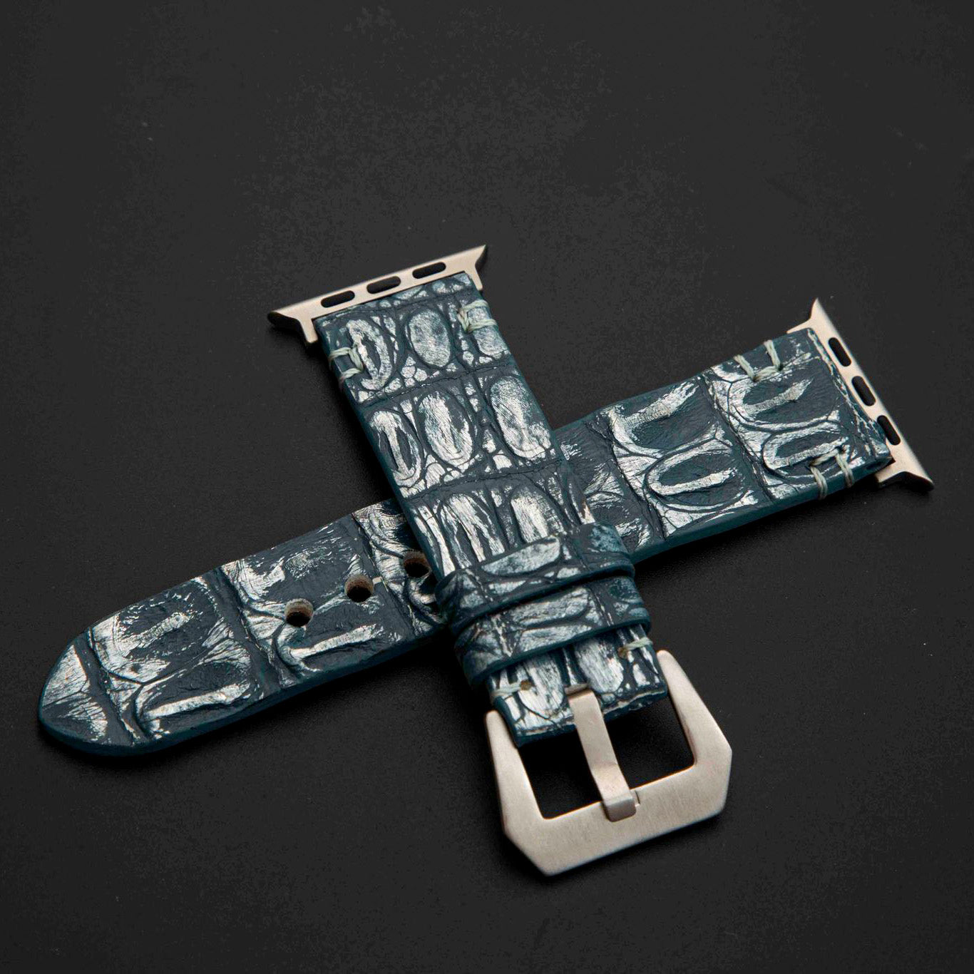 BLUE&SILVER CROCODILE HORNBACK LEATHER STRAP