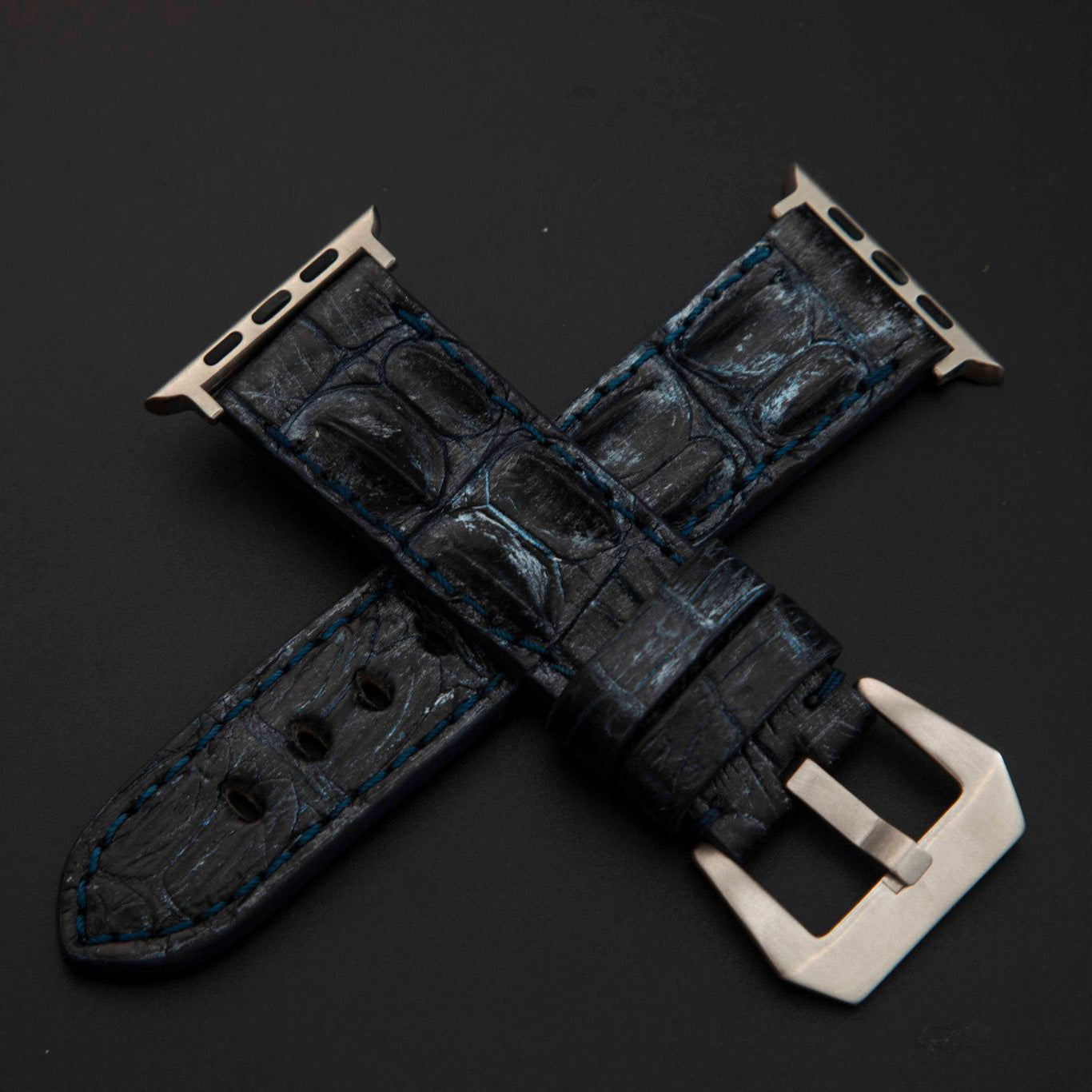 BLUE&SILVER CROCODILE HORNBACK LEATHER STRAP