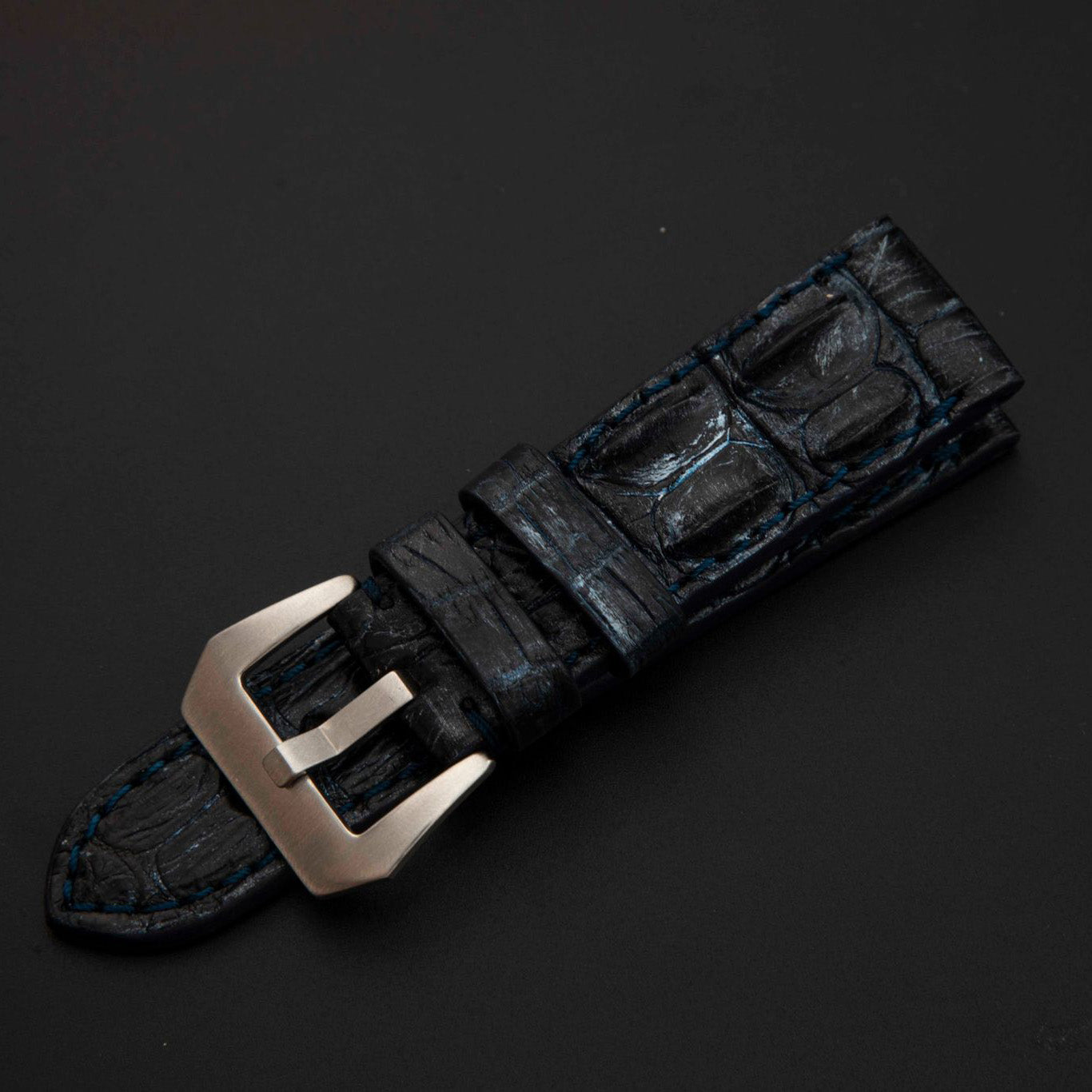 BLUE&SILVER CROCODILE HORNBACK LEATHER STRAP