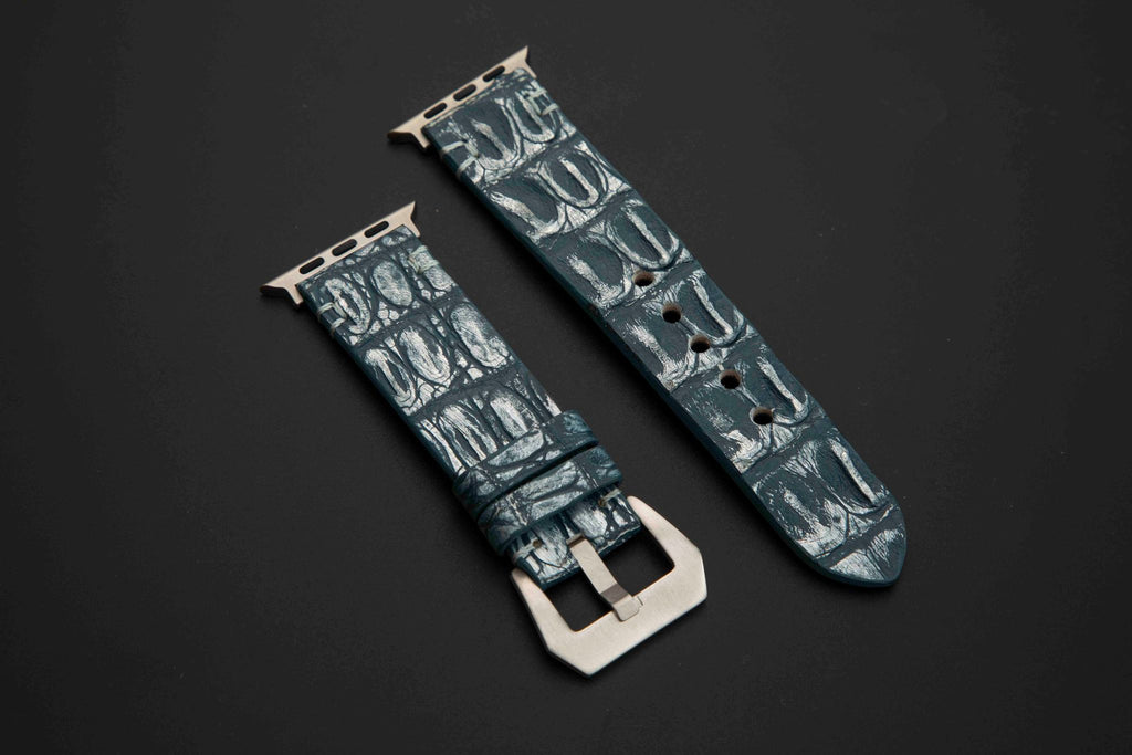 BLUE&SILVER CROCODILE HORNBACK LEATHER STRAP