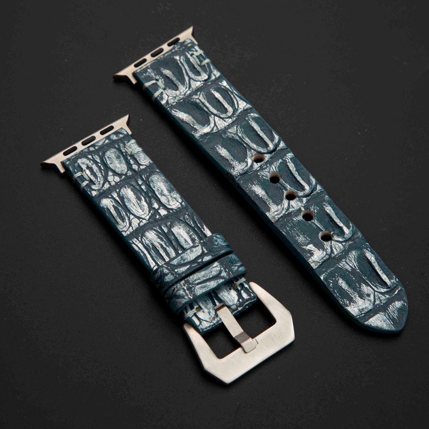 BLUE&SILVER CROCODILE HORNBACK LEATHER STRAP