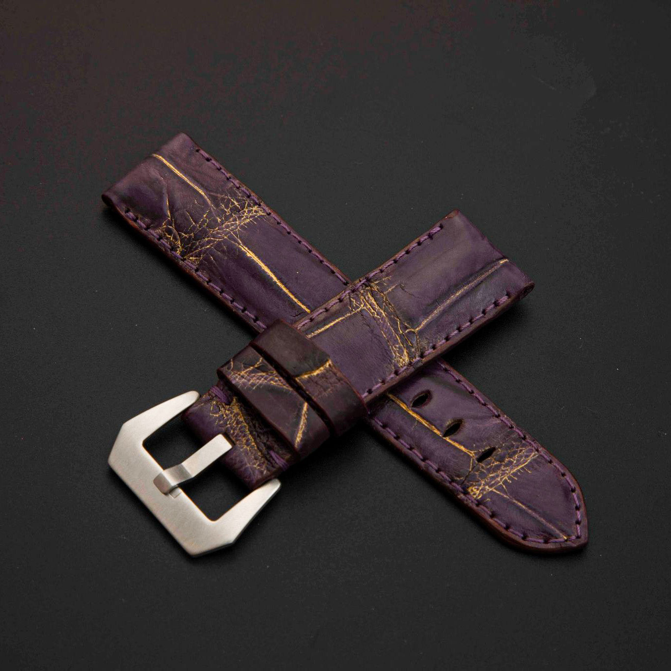 PURPLE&GOLD CROCODILE BELLY  LEATHER STRAP