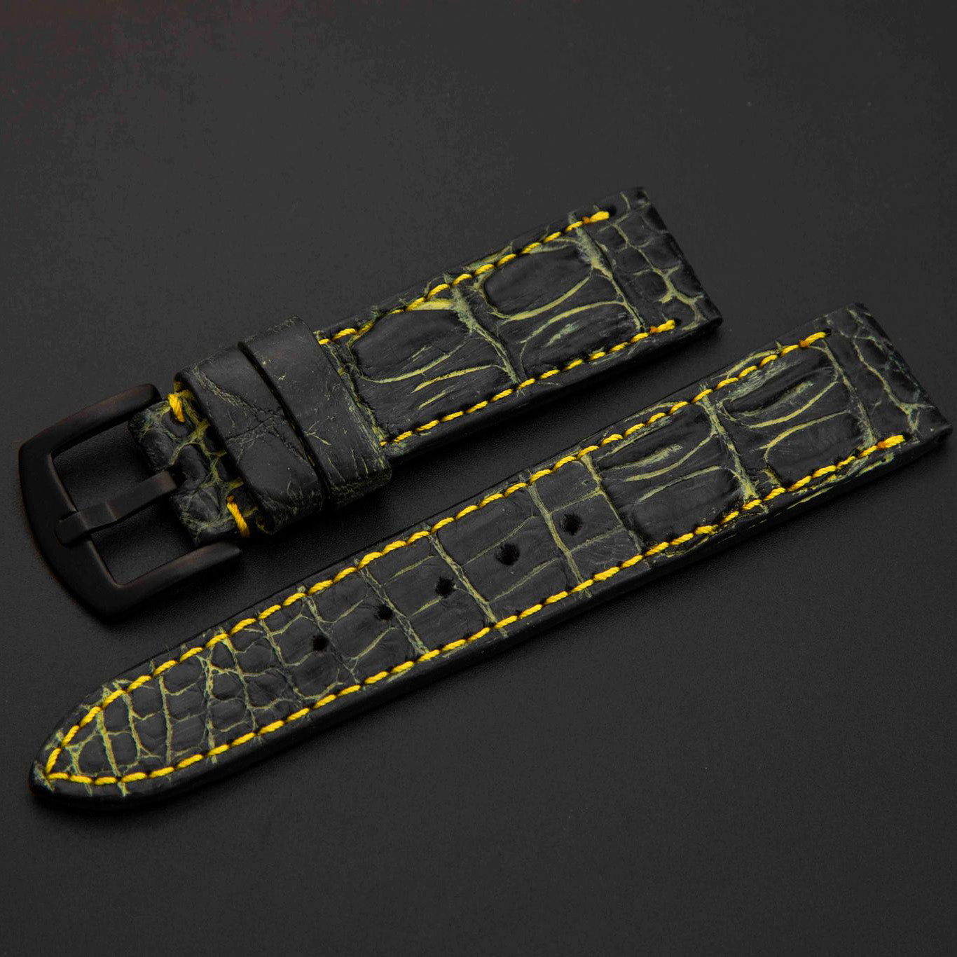 BLACK&GOLD CROCODILE HORNBACK LEATHER STRAP