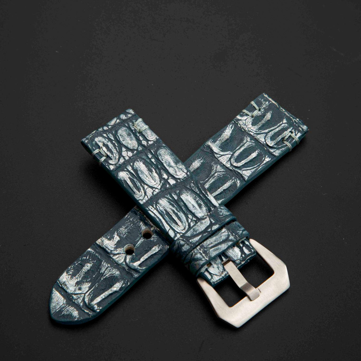 BLUE&SILVER CROCODILE HORNBACK LEATHER STRAP
