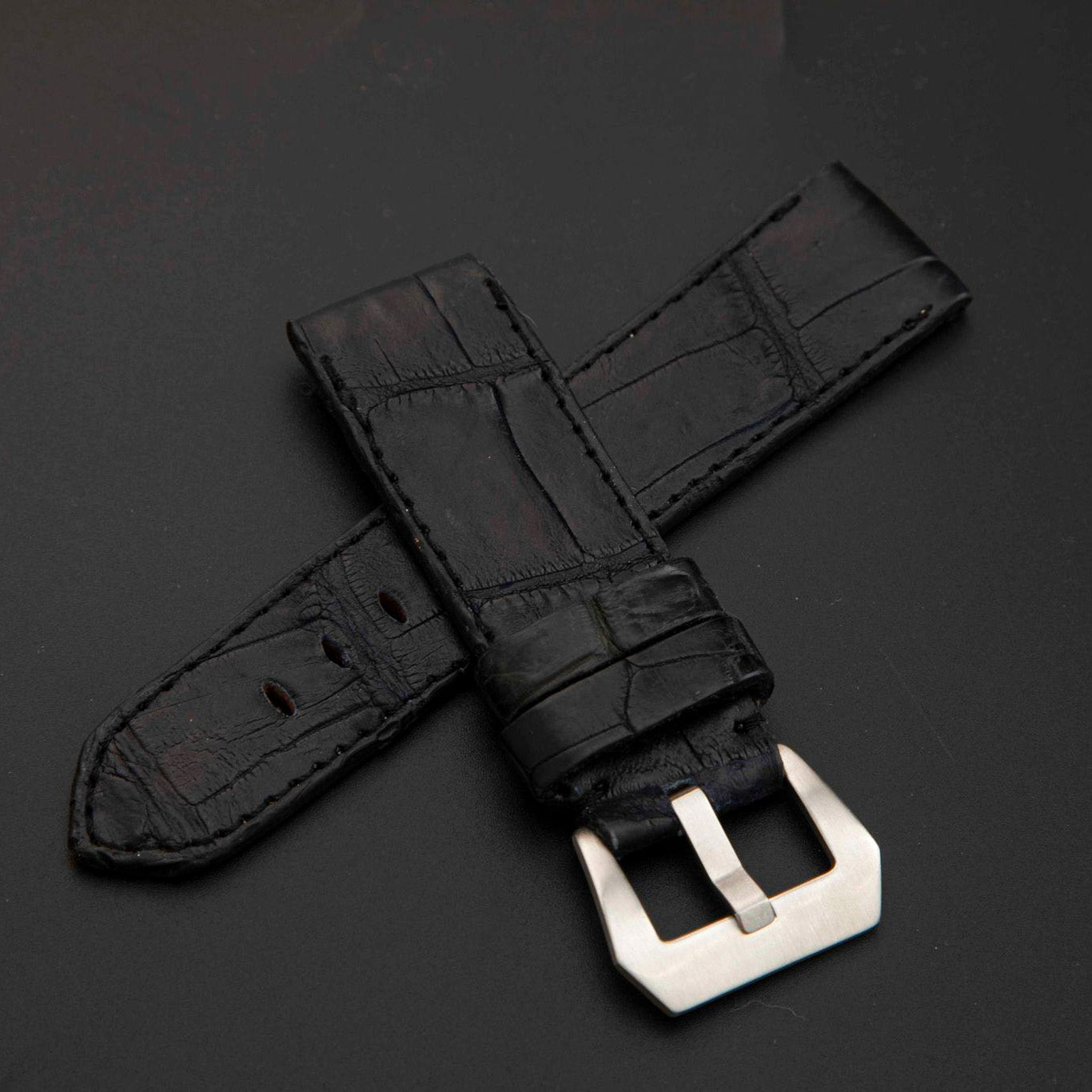 BLACK CROCODILE BELLY LEATHER STRAP