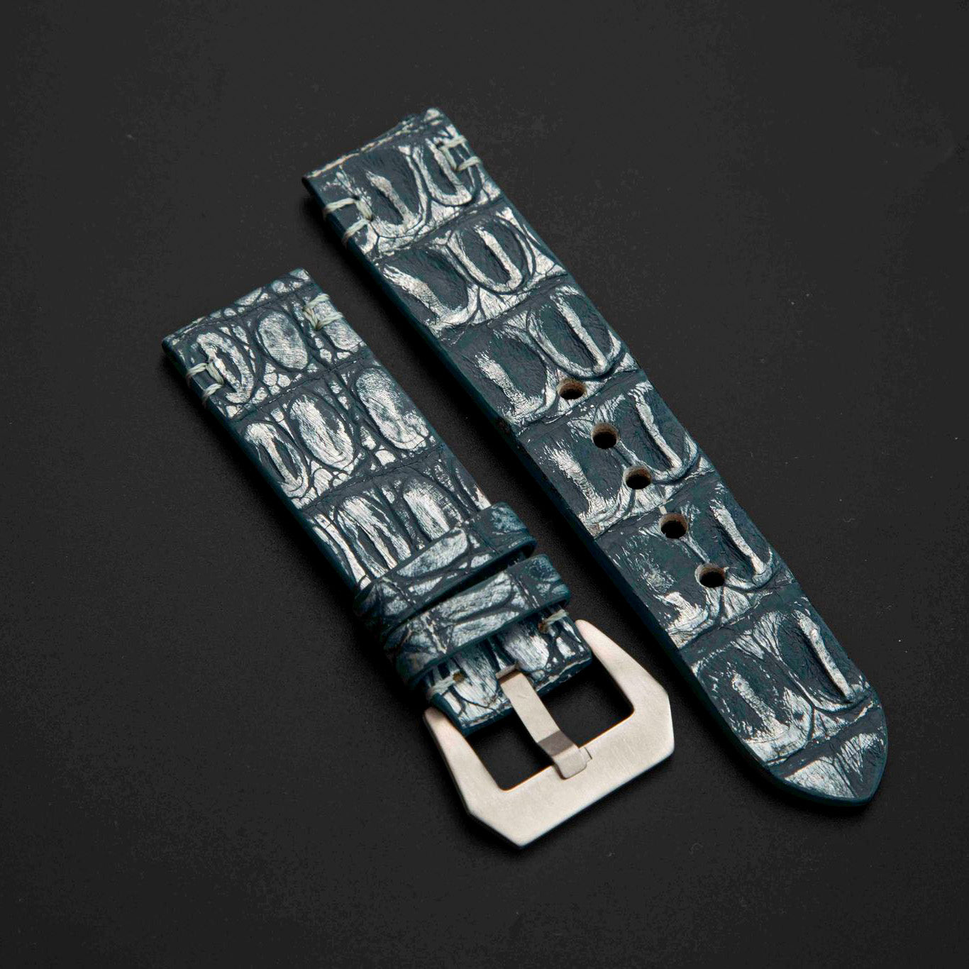 BLUE&SILVER CROCODILE HORNBACK LEATHER STRAP
