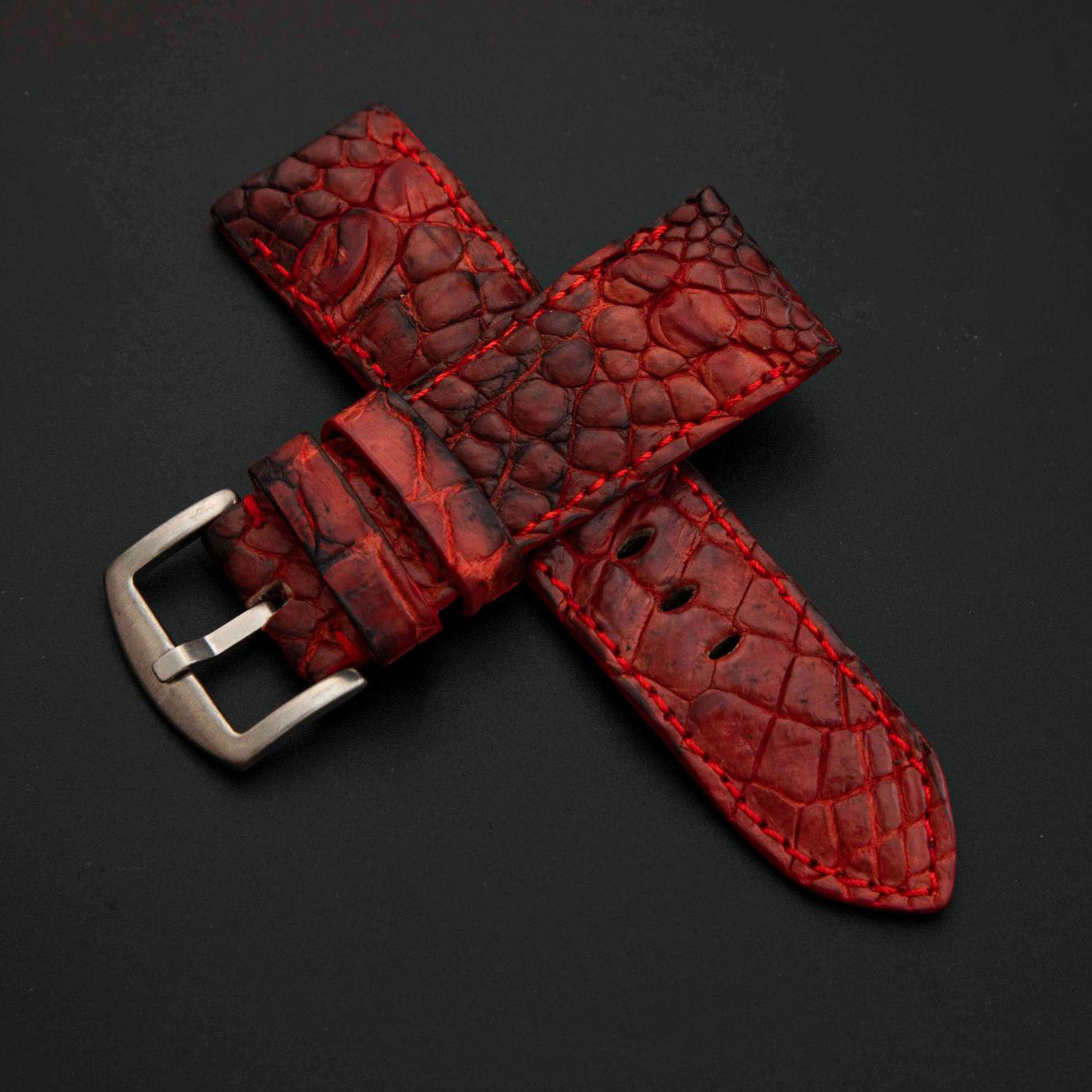 RED&BLACK CROCODILE HORNBACK LEATHER STRAP