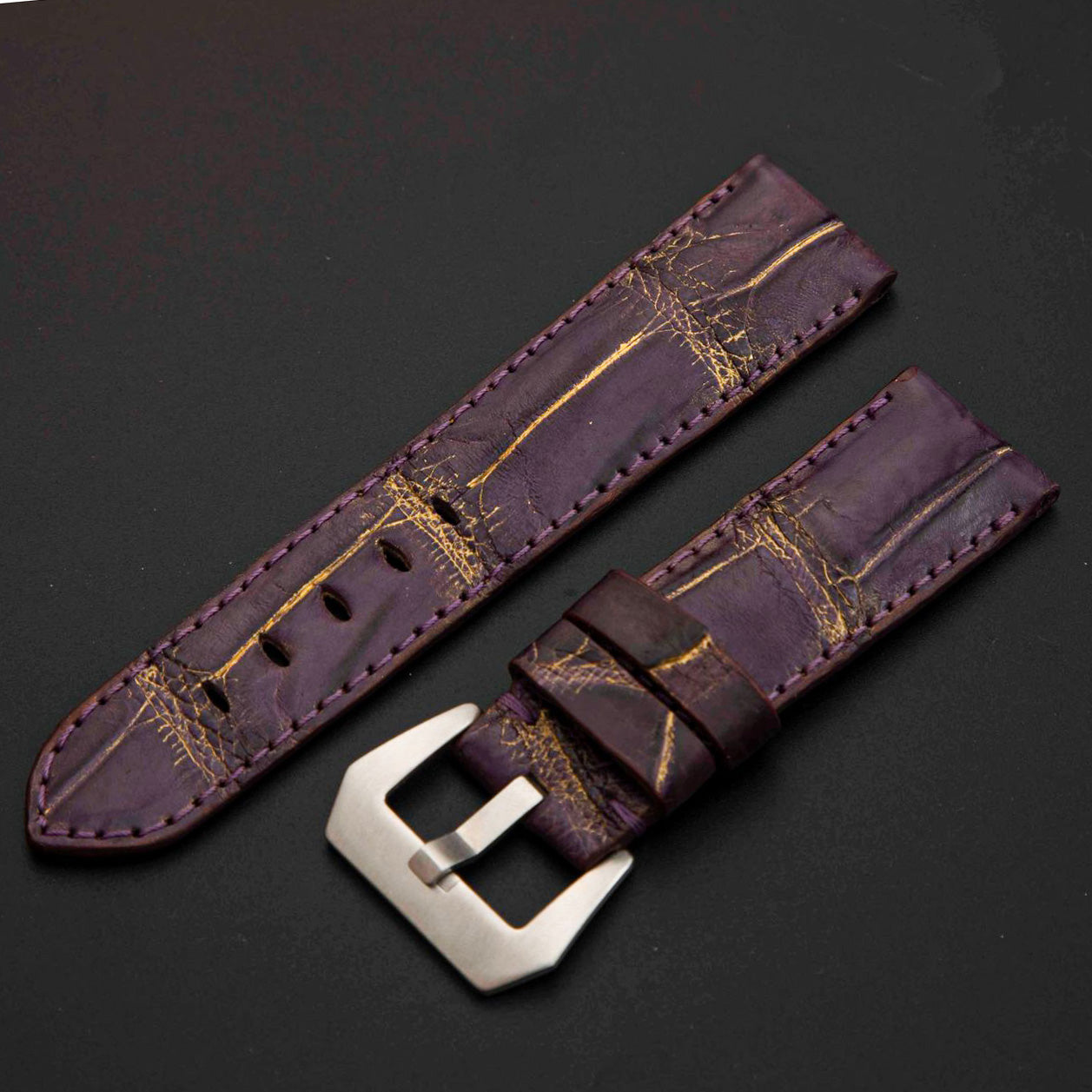 PURPLE&GOLD CROCODILE BELLY  LEATHER STRAP