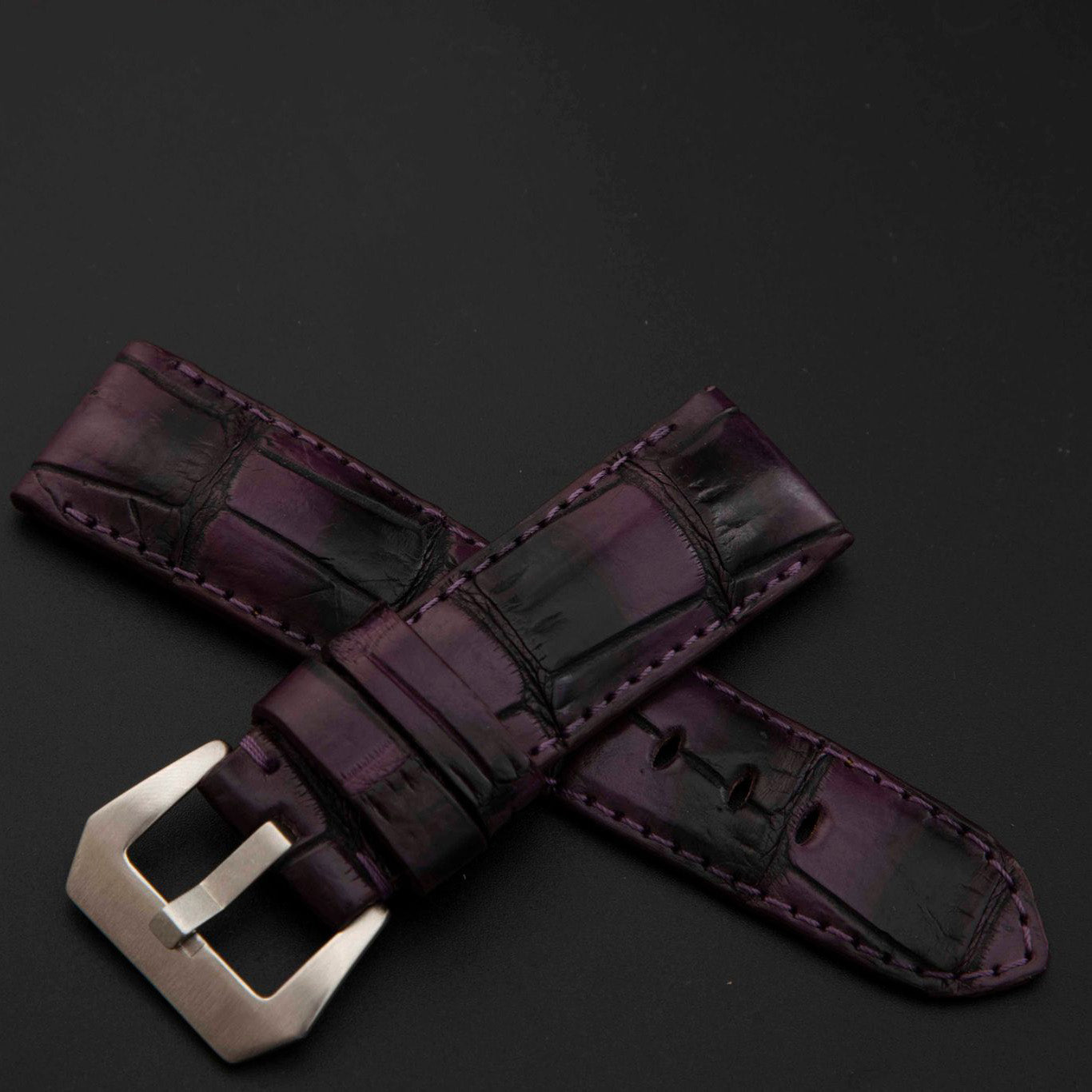 PURPLE&BLACK CROCODILE BELLY LEATHER STRAP