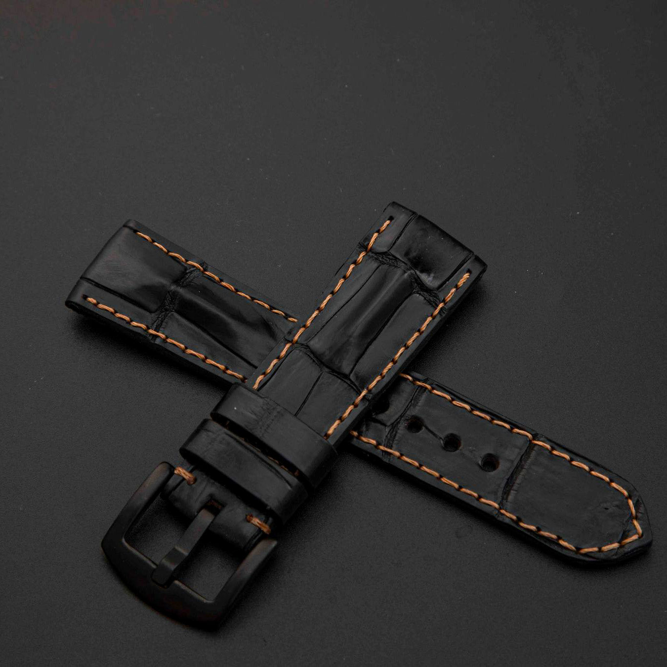 BLACK CROCODILE HORNBACK LEATHER STRAP