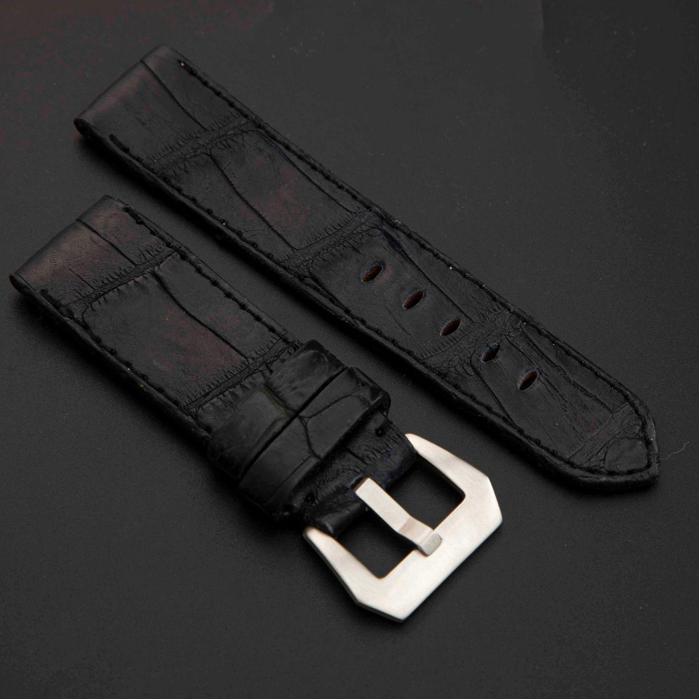 BLACK CROCODILE BELLY LEATHER STRAP