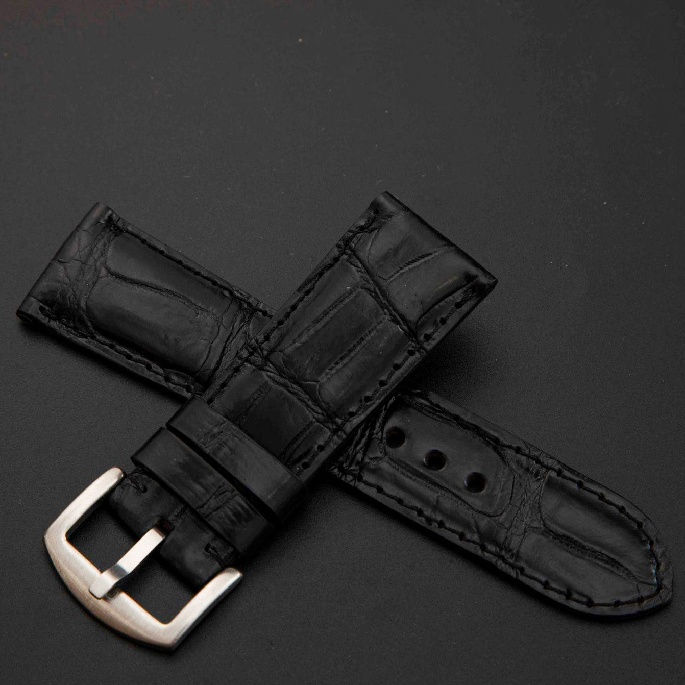 BLACK CROCODILE BELLY LEATHER STRAP