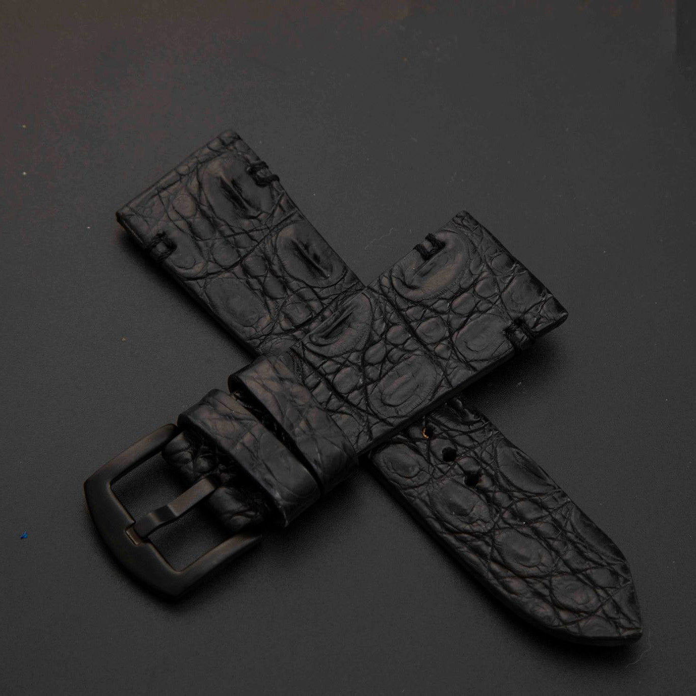BLACK CROCODILE HORNBACK LEATHER STRAP