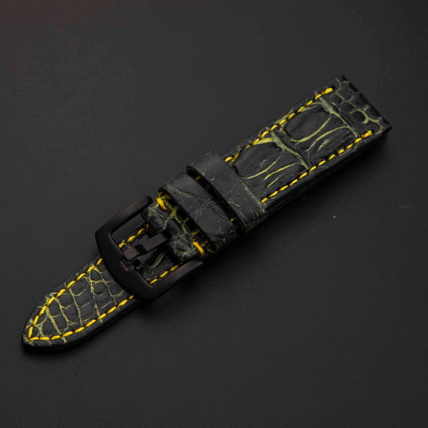 BLACK&GOLD CROCODILE HORNBACK LEATHER STRAP