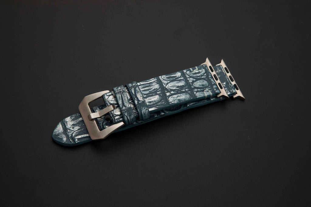 BLUE&SILVER CROCODILE HORNBACK LEATHER STRAP