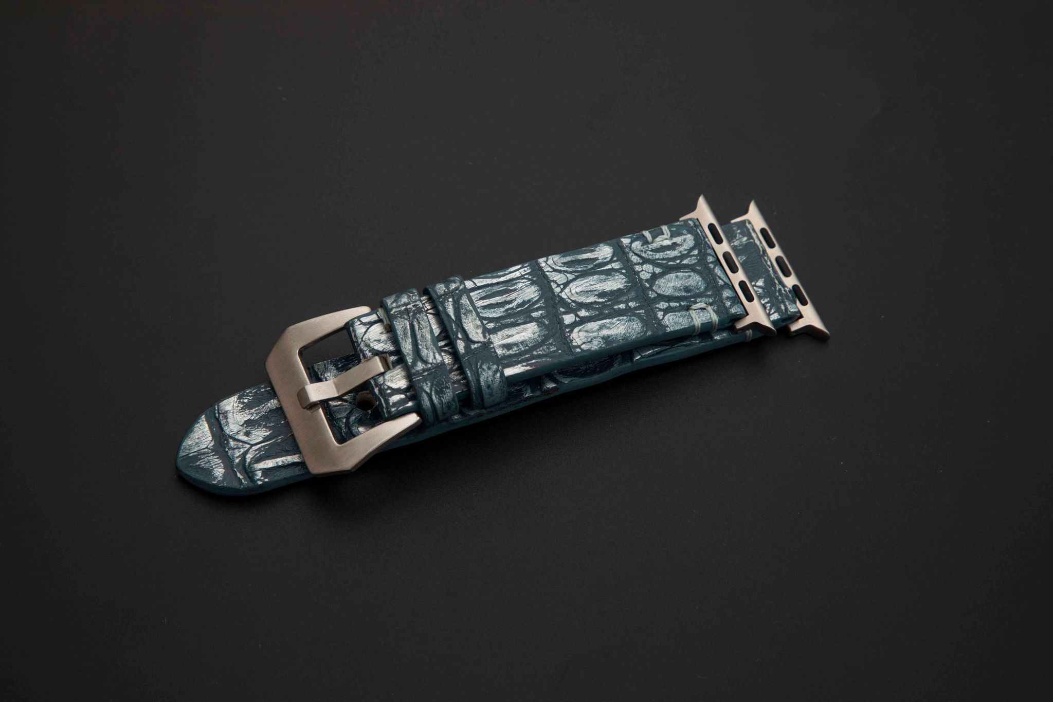 BLUE&SILVER CROCODILE HORNBACK LEATHER STRAP