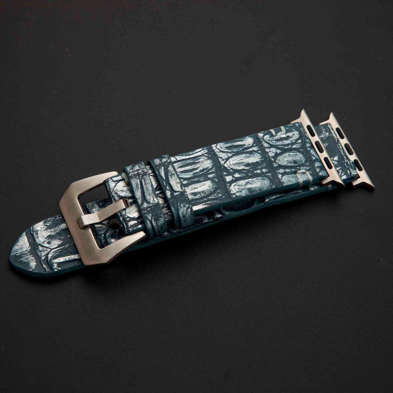 BLUE&SILVER CROCODILE HORNBACK LEATHER STRAP