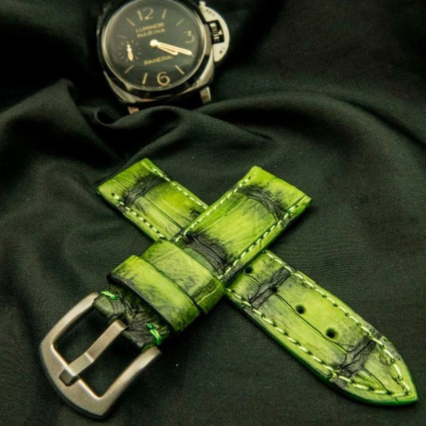 GREEN&BLACK CROCODILE BELLY LEATHER STRAP