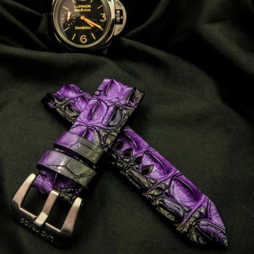 PURPLE&BLACK CROCODILE HORNBACK LEATHER STRAP