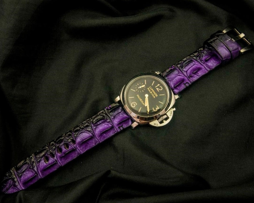 PURPLE&BLACK CROCODILE HORNBACK LEATHER STRAP