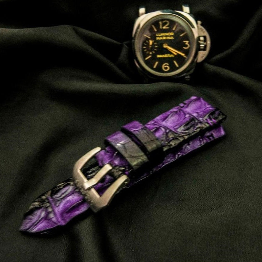 PURPLE&BLACK CROCODILE HORNBACK LEATHER STRAP