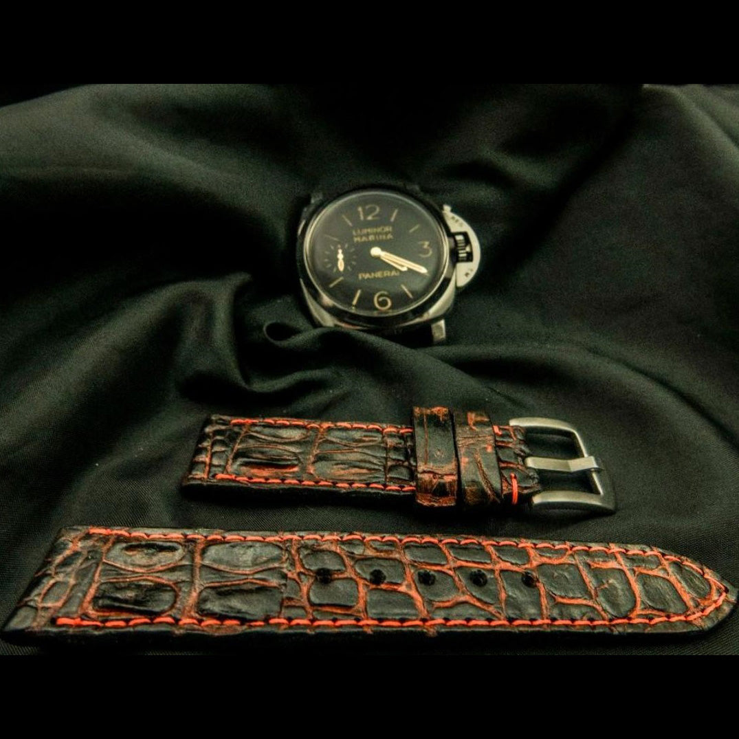 BLACK&RED CROCODILE HORNBACK LEATHER STRAP