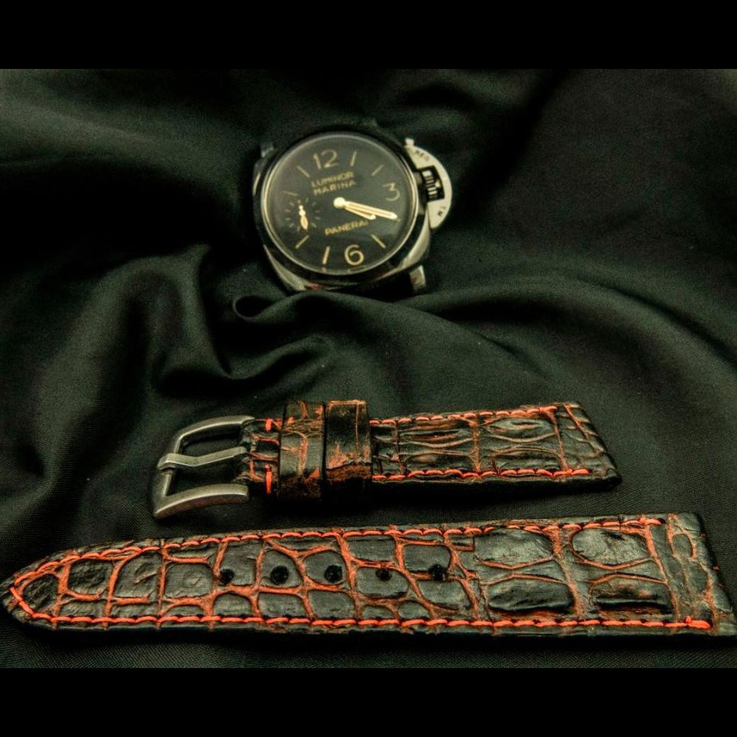 BLACK&RED CROCODILE HORNBACK LEATHER STRAP