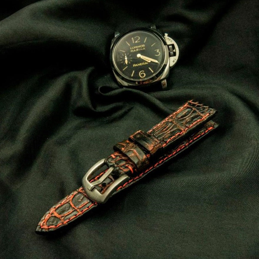 BLACK&RED CROCODILE HORNBACK LEATHER STRAP