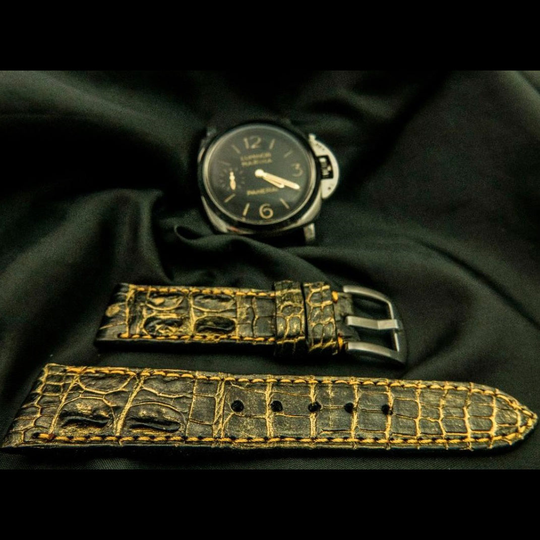 BLACK&YELLOW CROCODILE HORNBACK LEATHER STRAP